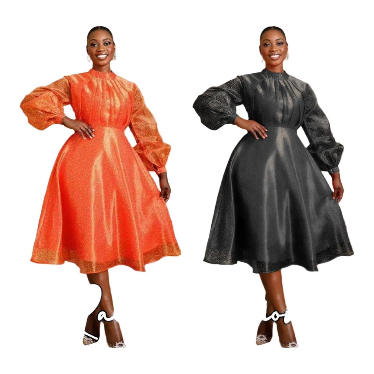 Pleated And Fluffy Sleeves Midi Dress.