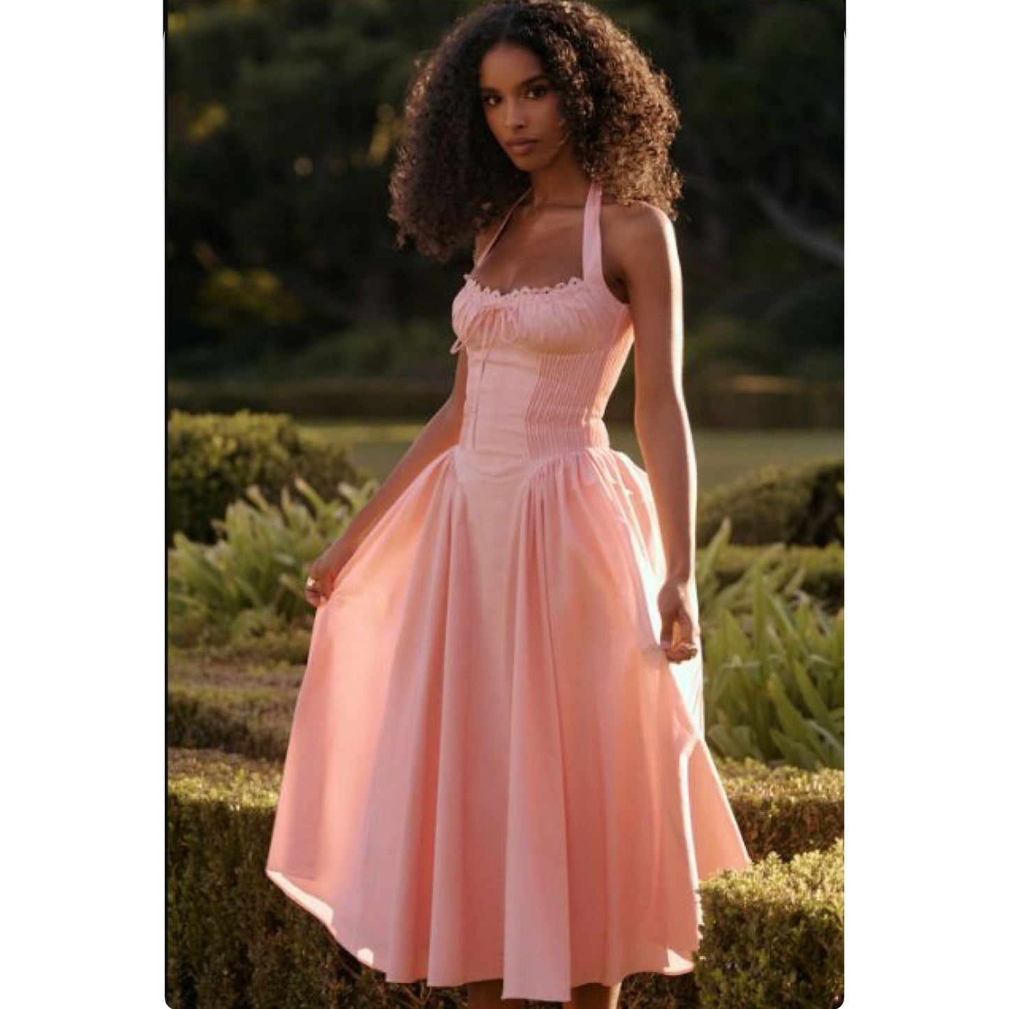 Vintage Bow Tie Front Drop Waist Midi Halter Dress.