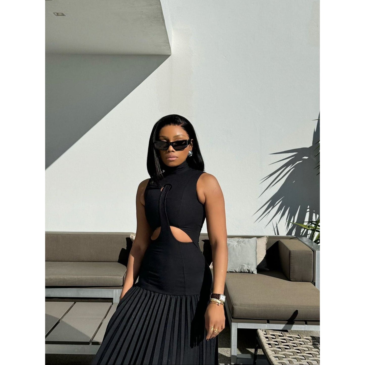 Sleeveless Pleated Flowy Maxi Elegant Cocktail Party Dress.