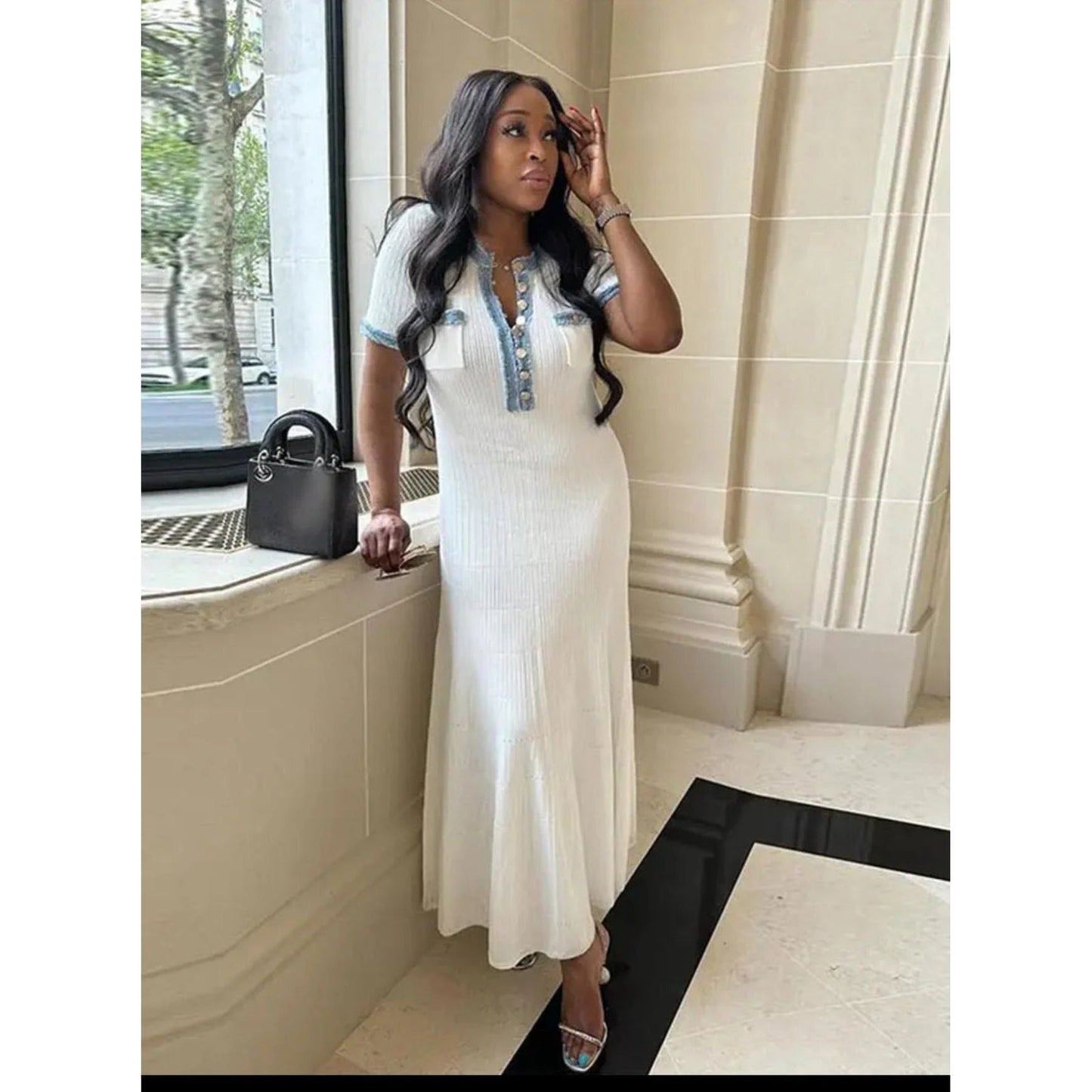 Elegant V Neck Denim Patchwork Knitted Long Dress.