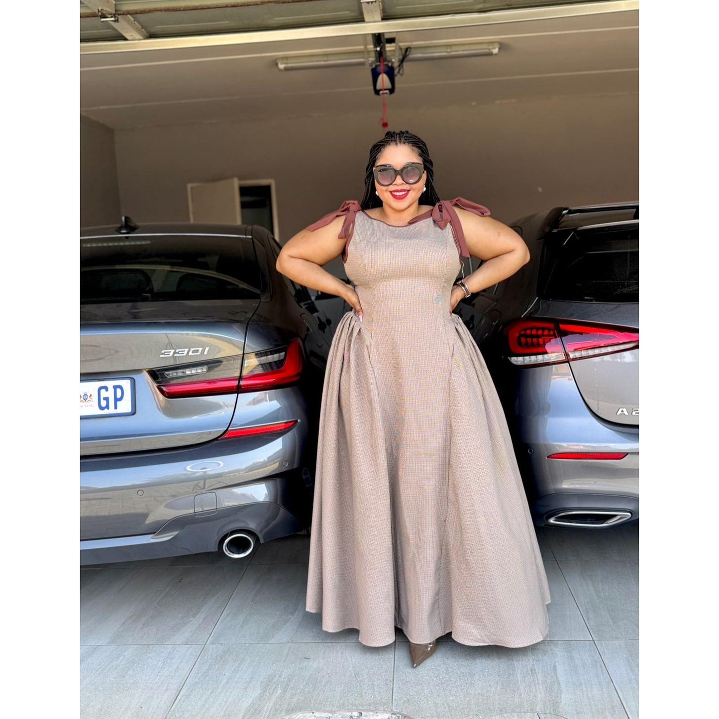 Retro Houndstooth Contrast Tie Bowknot Waist Slim Fit Suspender Skater Dress