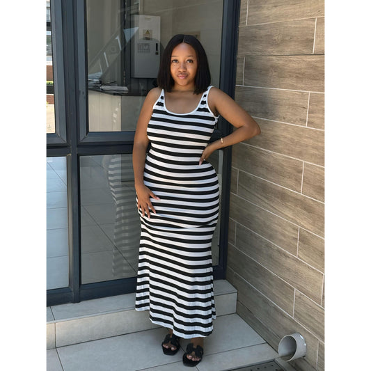 Striped Print Sleeveless Long Bodycon Dress.