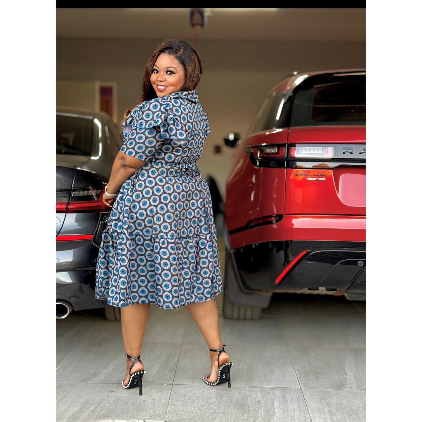 Short Sleeve African Print Pleated Knee Dress.