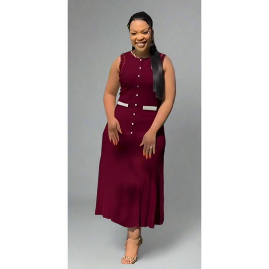 Pearl Decor Elegant Sleeveless Corset Midi Dress.