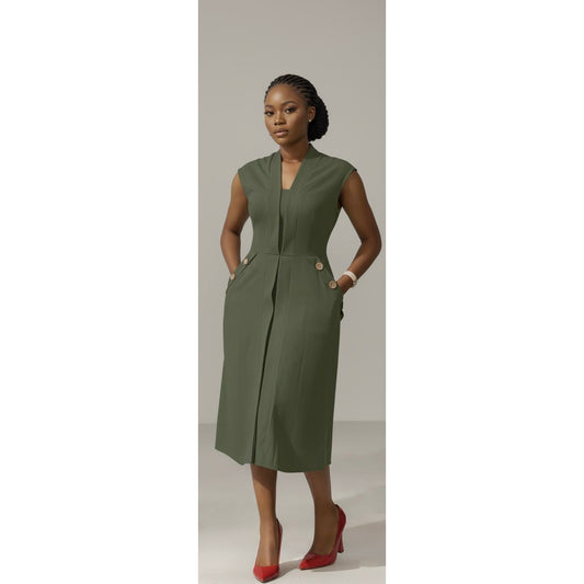 Sleeveless Ruffle Front Trim Button Sexy Midi Dress