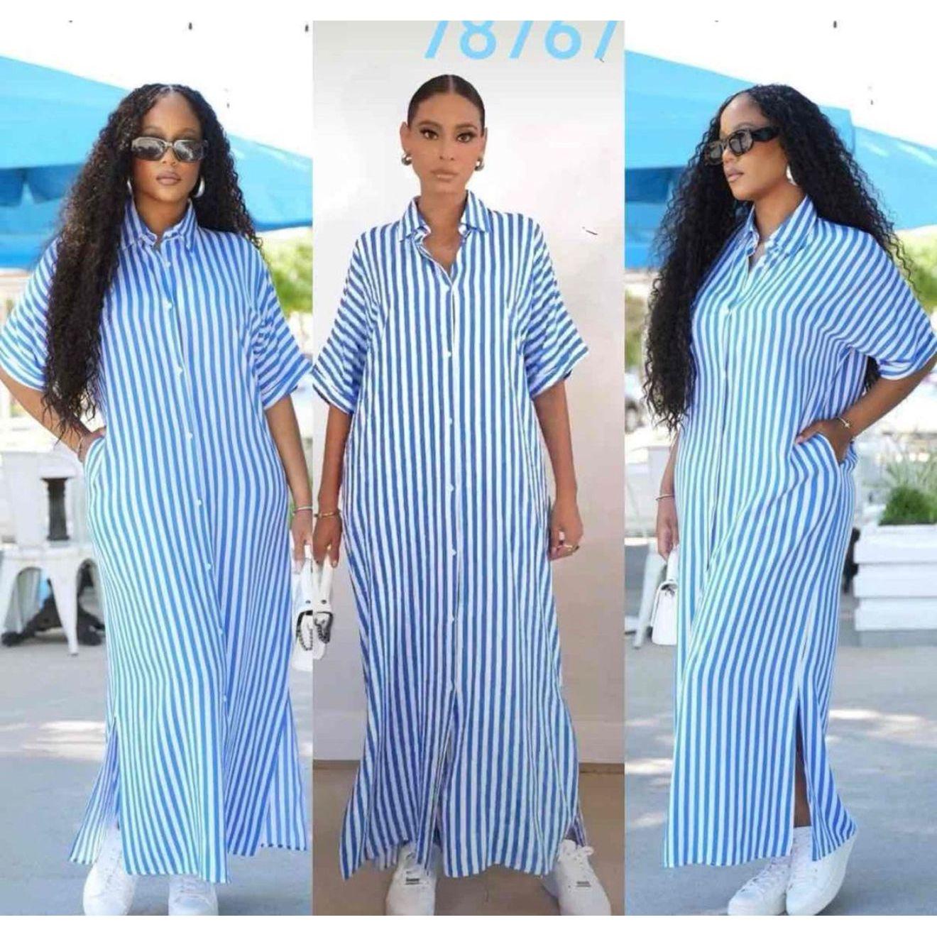 Half Sleeve Striped High Slits Dress.