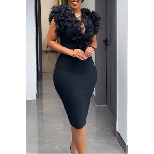 Ruffle V Neck Sleeveless Bodycon Midi Dress