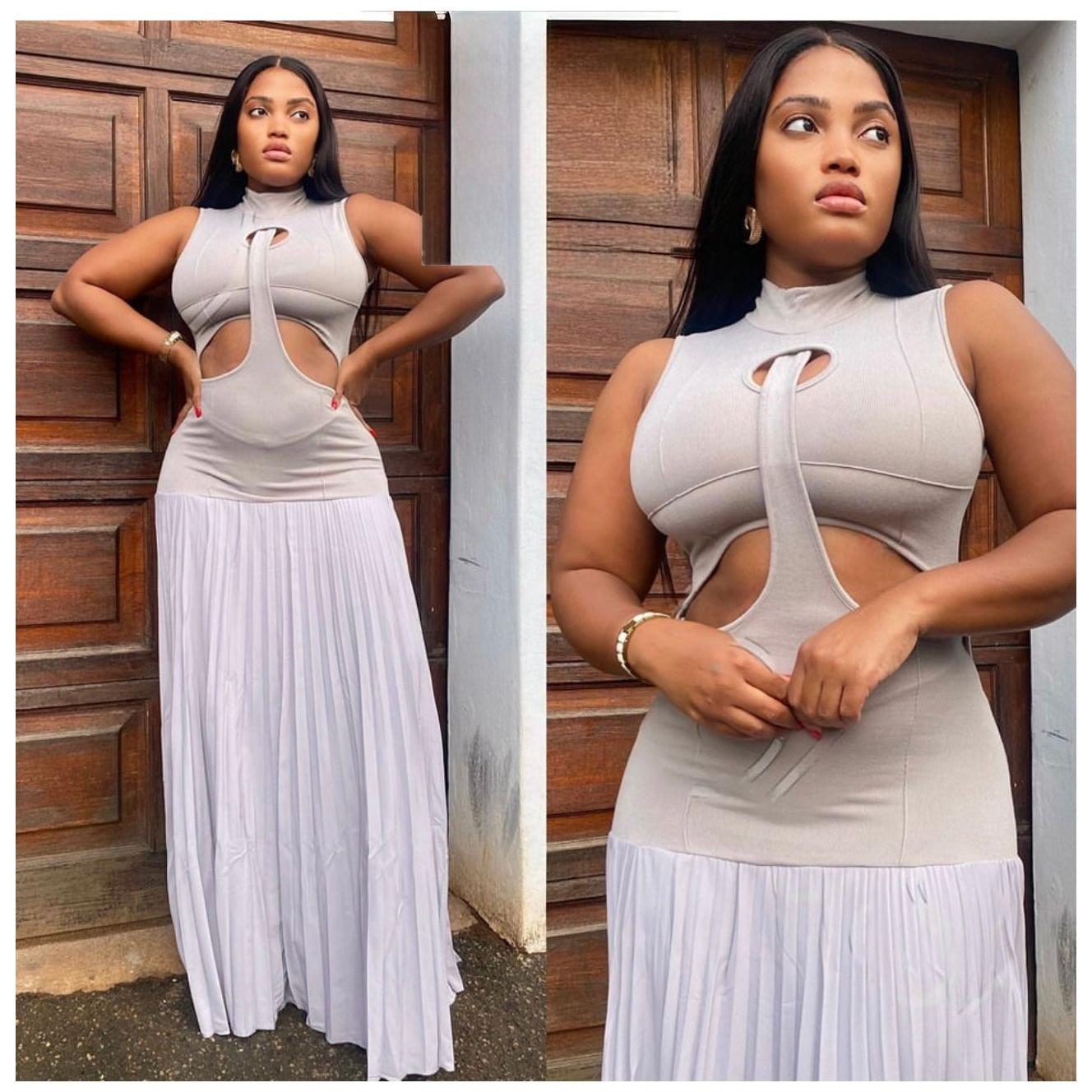 Sleeveless Pleated Flowy Maxi Elegant Cocktail Party Dress.