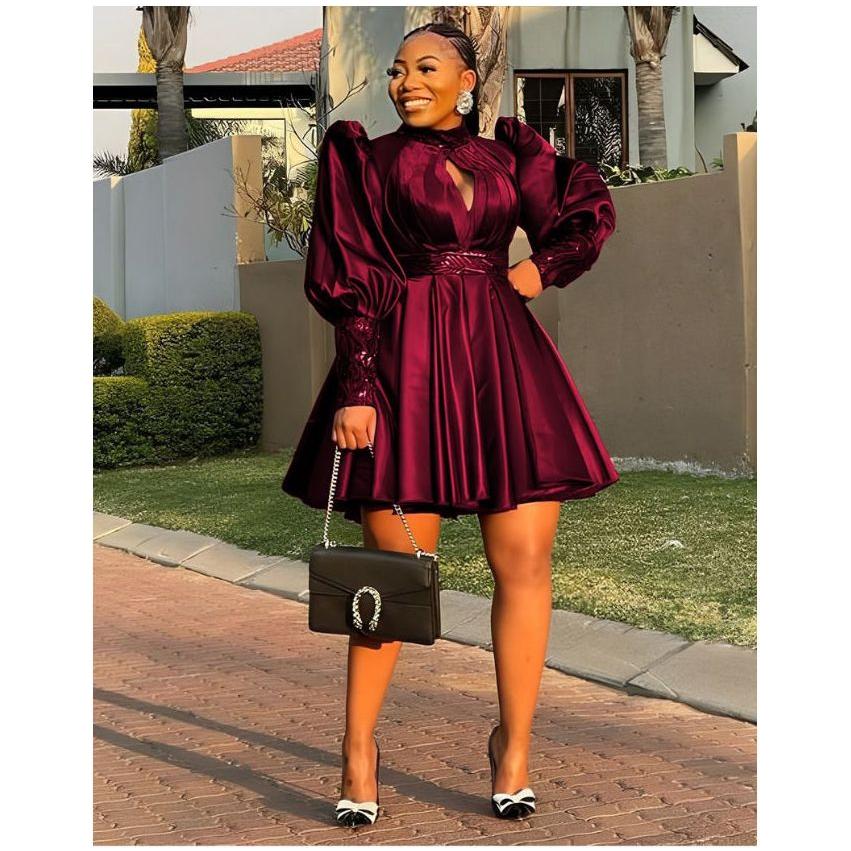 Pleated And Fluffy Sleeves Mini Dress.