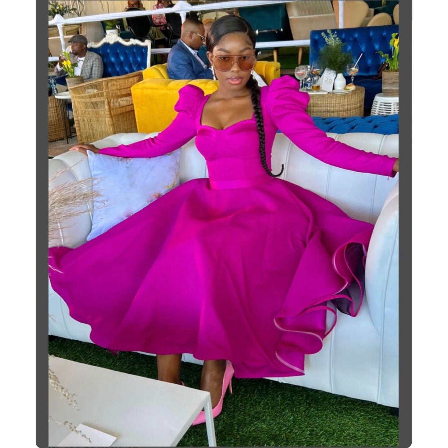 Puffy Shoulder Long Sleeve Midi Dress.