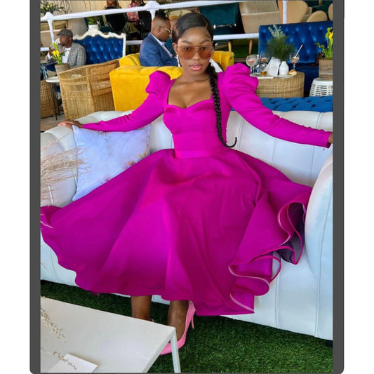 Puffy Shoulder Long Sleeve Midi Dress.