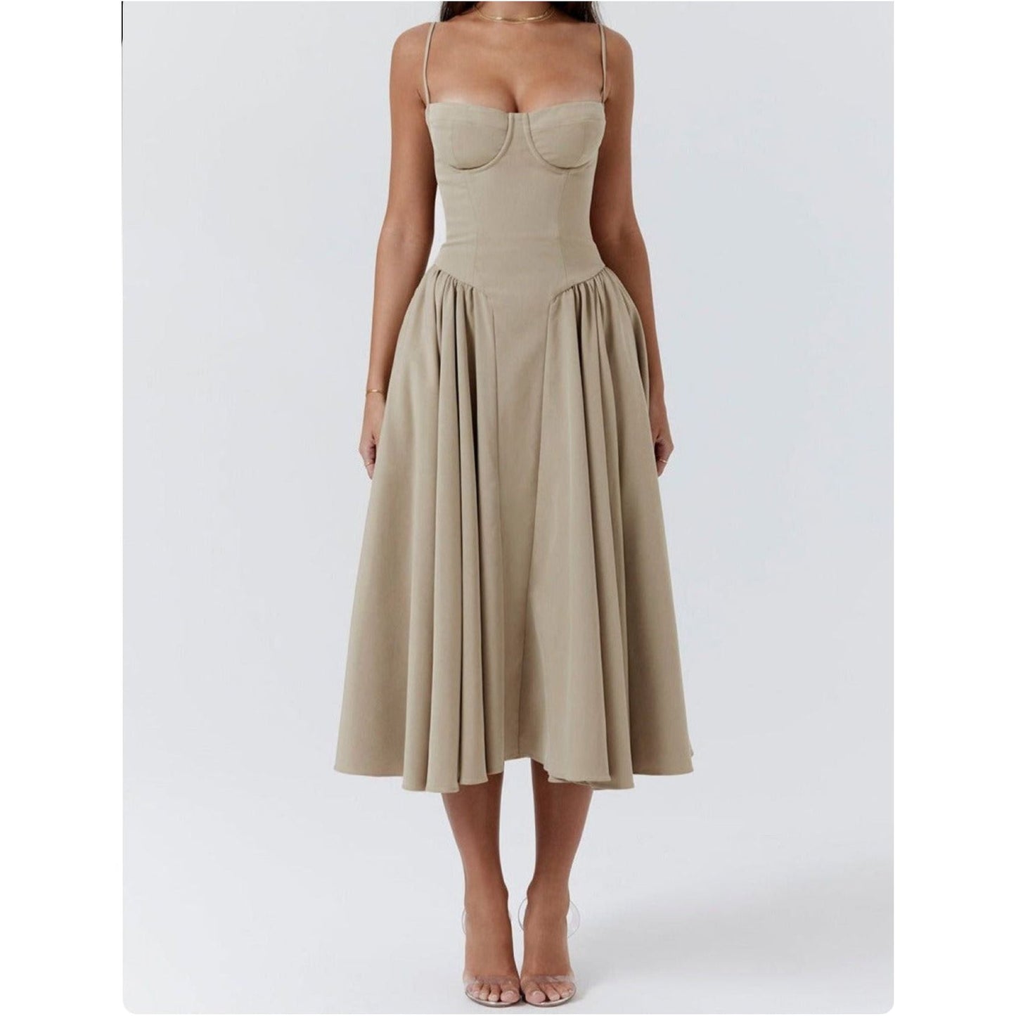 Spaghetti Strap Pleated Sleeveless Corset Midi Dress.
