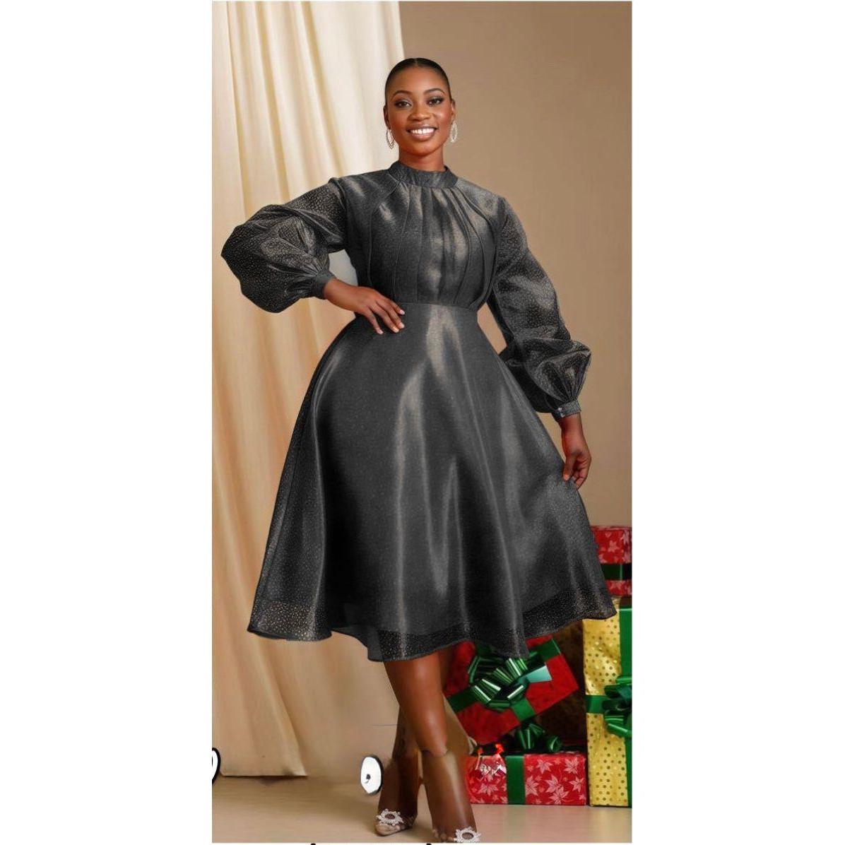 Pleated And Fluffy Sleeves Midi Dress.