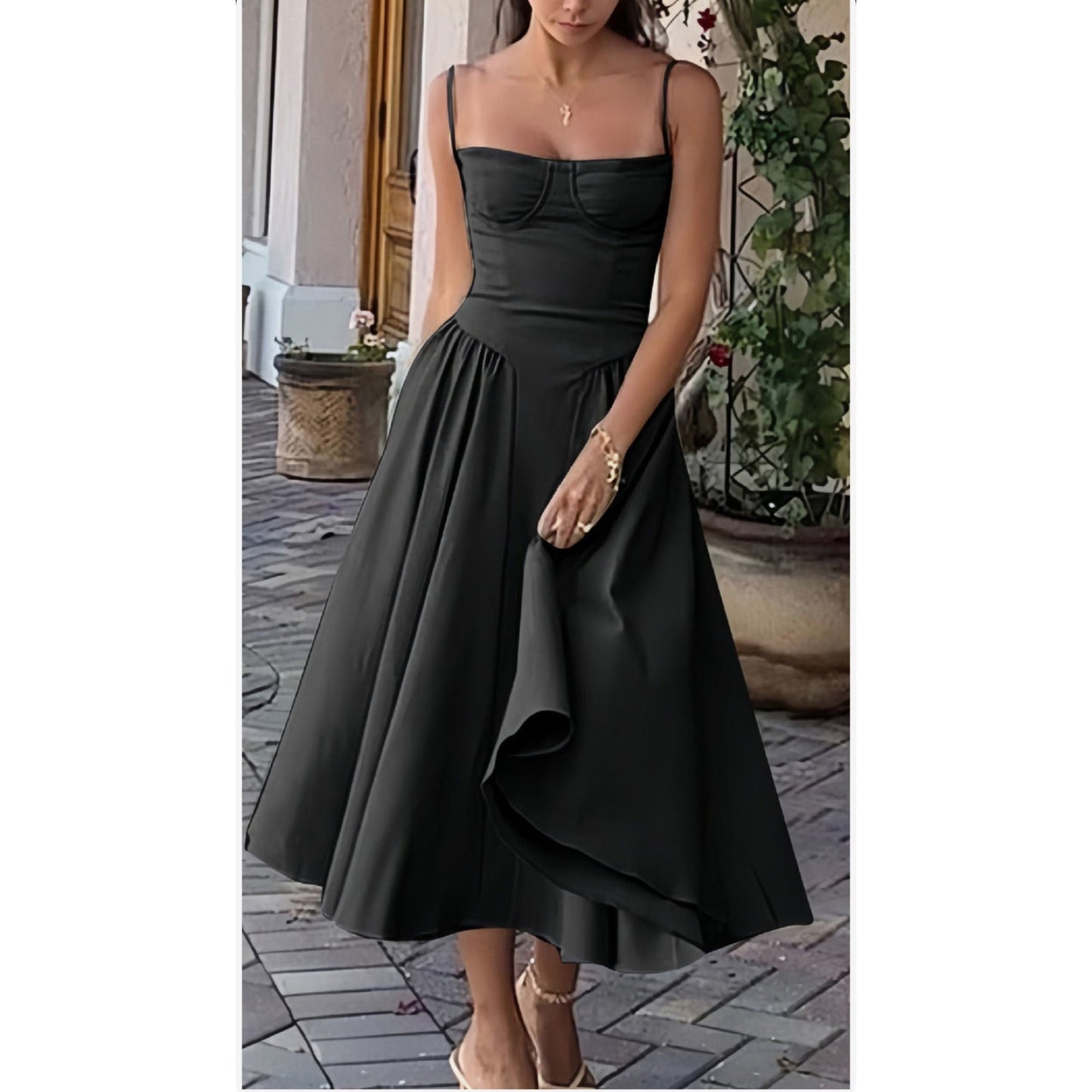 Spaghetti Strap Pleated Sleeveless Corset Midi Dress.