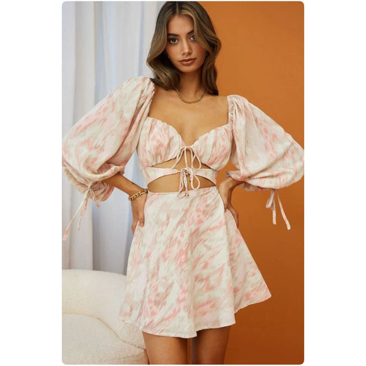 Ruffle Long Sleeve Crop Top Lace up Dress.