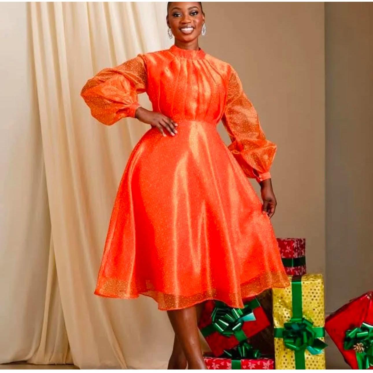 Pleated And Fluffy Sleeves Midi Dress.