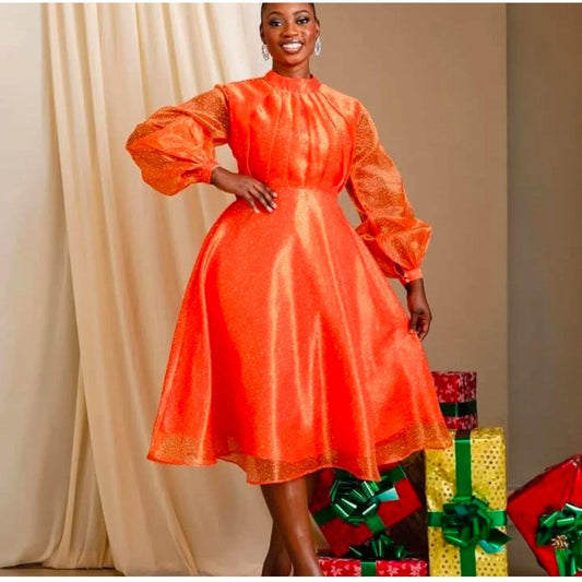 Pleated And Fluffy Sleeves Midi Dress.