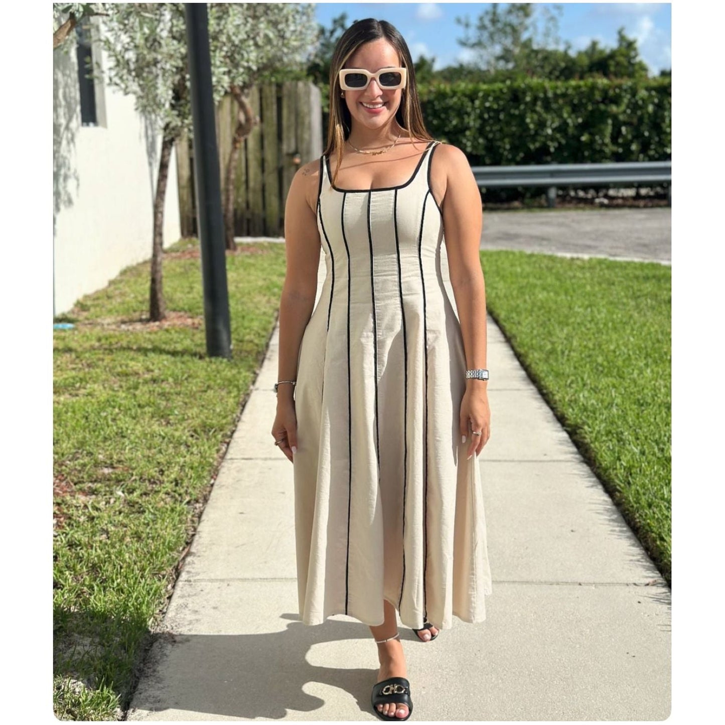 Sleeveless Striped Contrast Binding Midi Dress