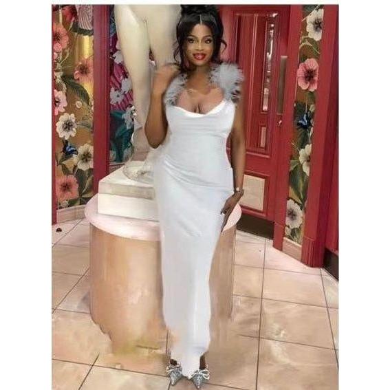 Shoulder Feathers Silky Dress