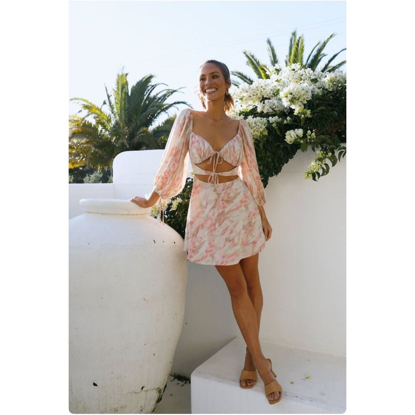 Ruffle Long Sleeve Crop Top Lace up Dress.