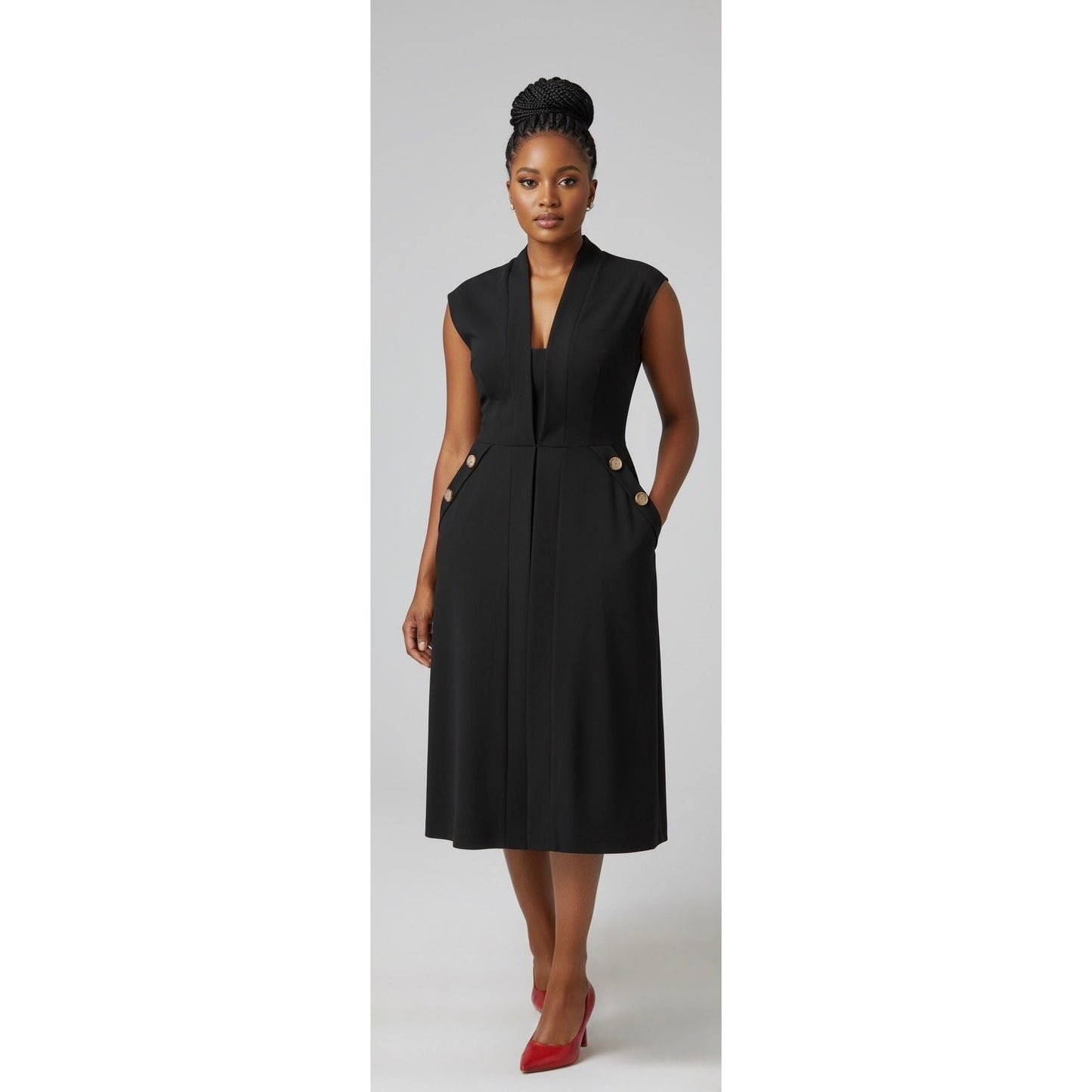 Sleeveless Ruffle Front Trim Button Sexy Midi Dress