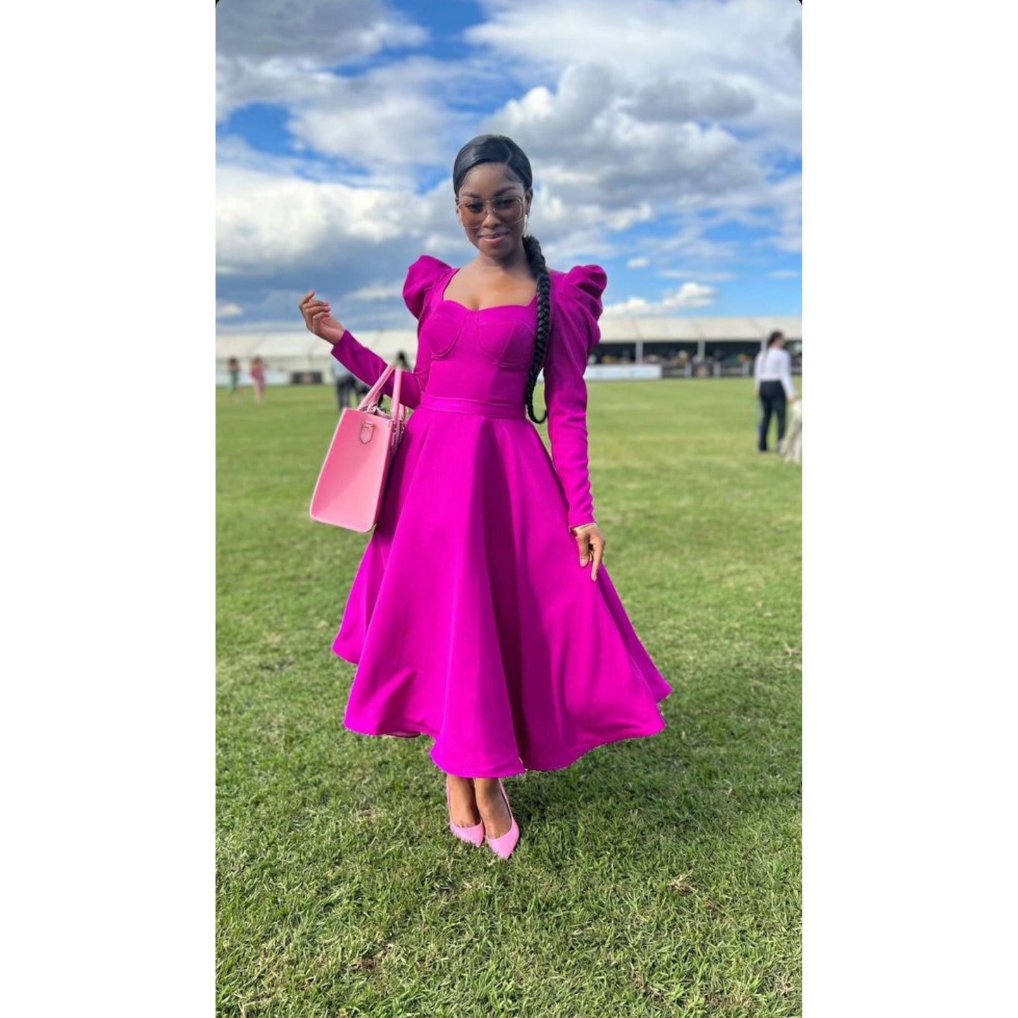 Puffy Shoulder Long Sleeve Midi Dress.