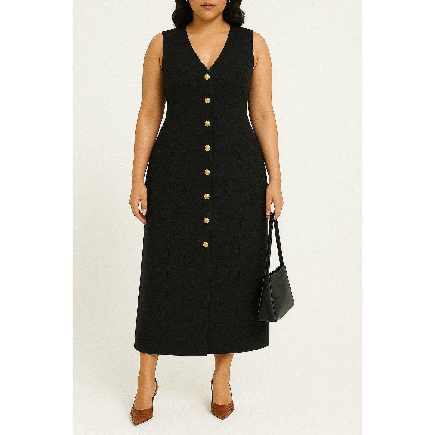 Sleeveless V-Neck Button Detailed Dress