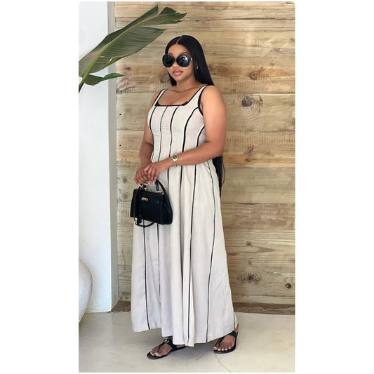 Sleeveless Striped Contrast Binding Midi Dress