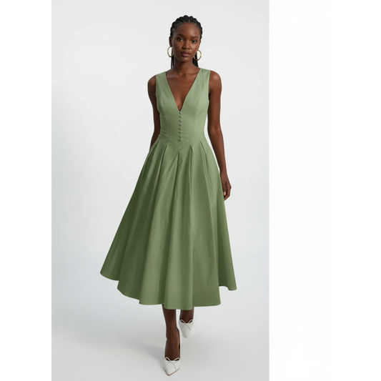 Elegant Button-Down V-Neck Midi Dress