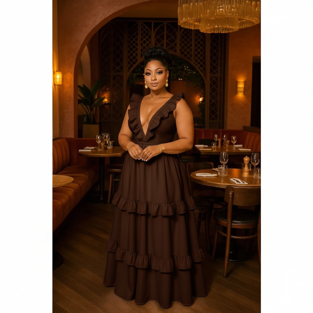 Deep V-neck Sleeveless Ruffle Maxi Dress