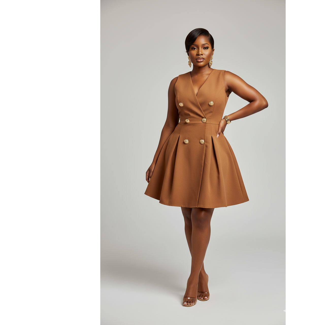 Button Design Pleated Mini Dress