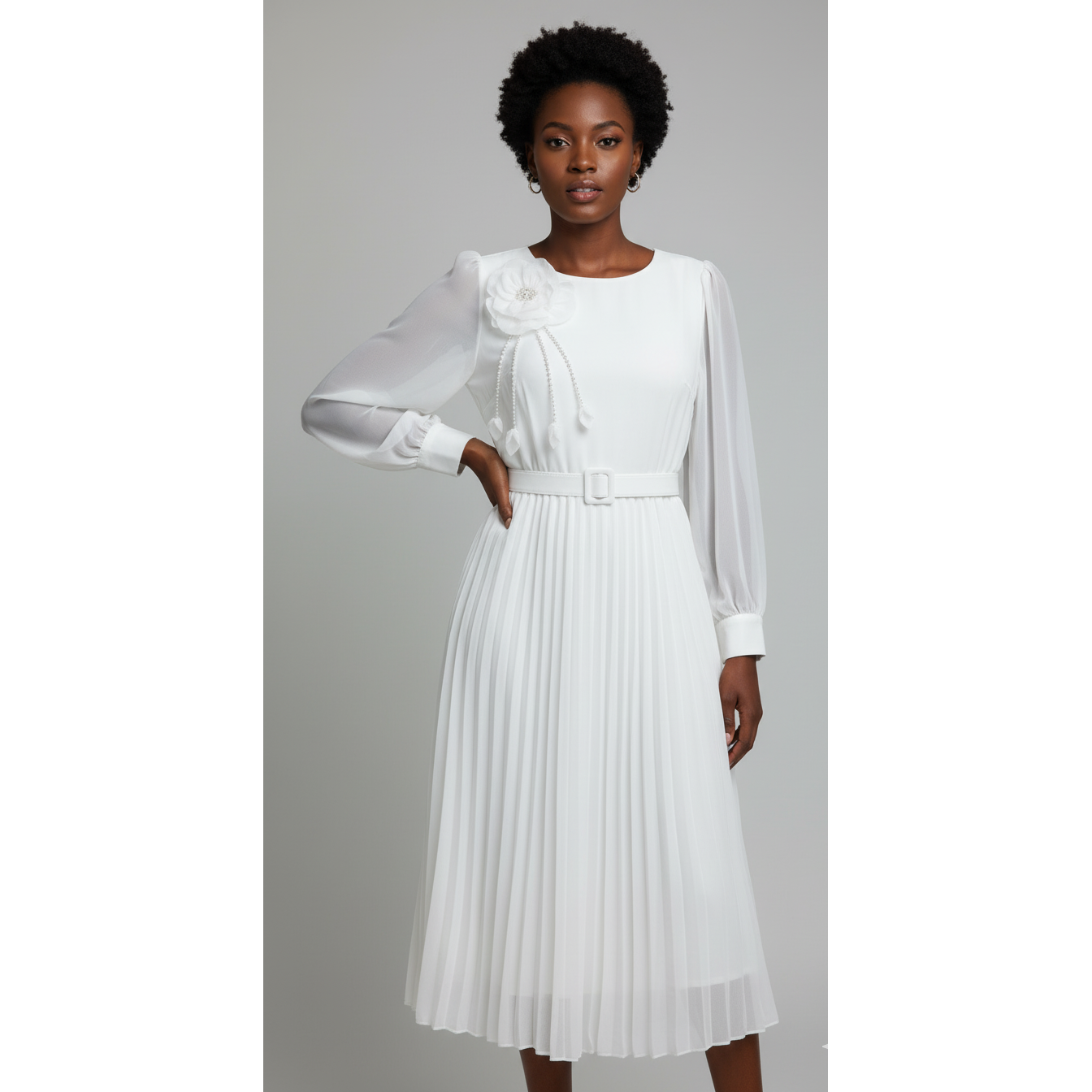 Chic Midi Dress with Pleated Skirt & Floral Detail