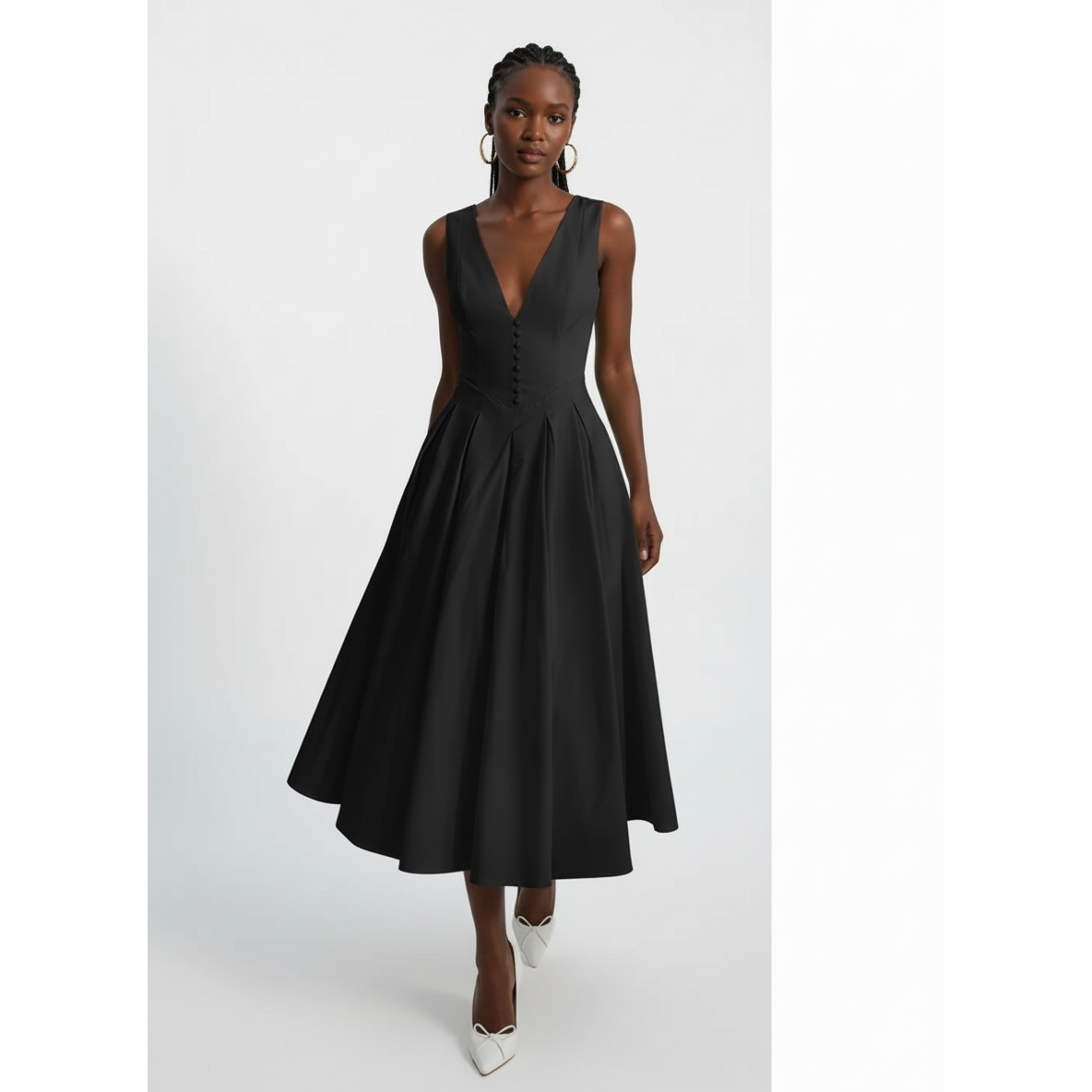 Elegant Button-Down V-Neck Midi Dress