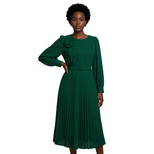 Chic Midi Dress with Pleated Skirt & Floral Detail