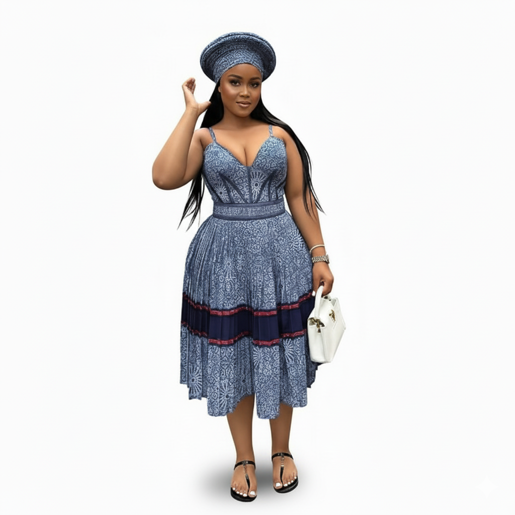 African Ankara Traditional Pleated Midi Dress