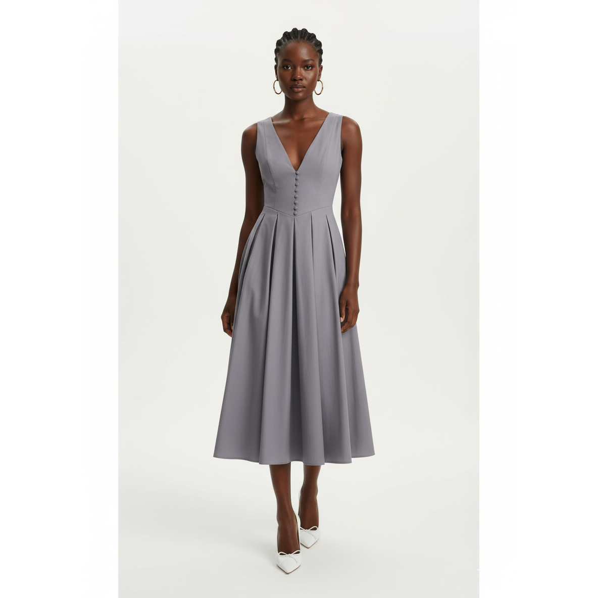 Elegant Button-Down V-Neck Midi Dress