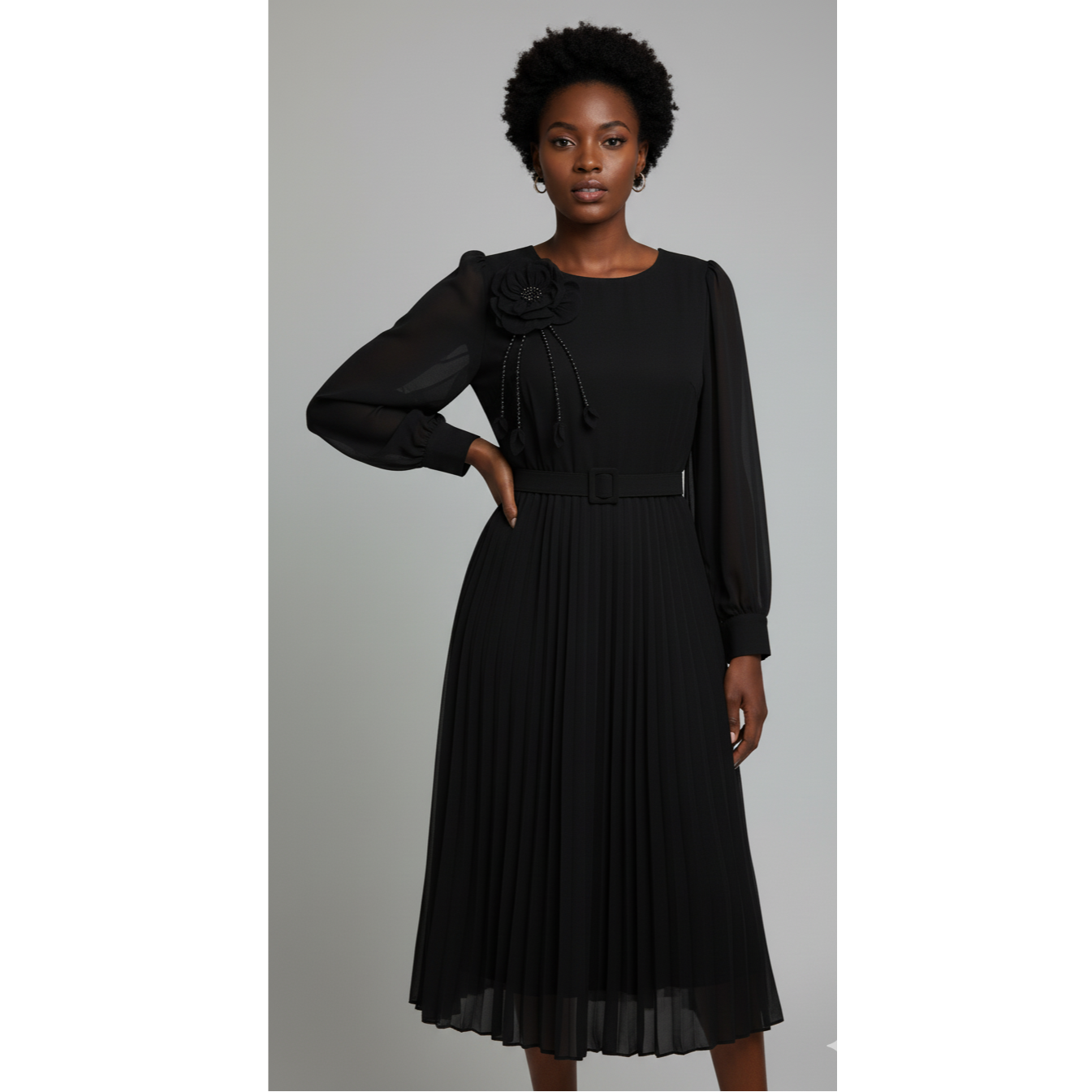 Chic Midi Dress with Pleated Skirt & Floral Detail