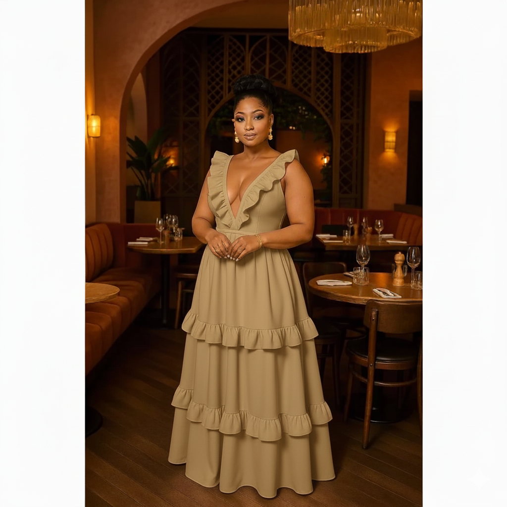 Deep V-neck Sleeveless Ruffle Maxi Dress