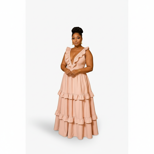 Deep V-neck Sleeveless Ruffle Maxi Dress