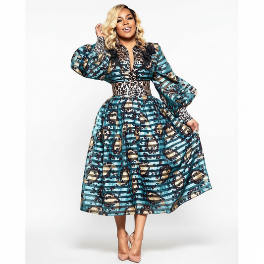 Lapel neck Leopard Print Long Sleeve with Belt Maxi Dress