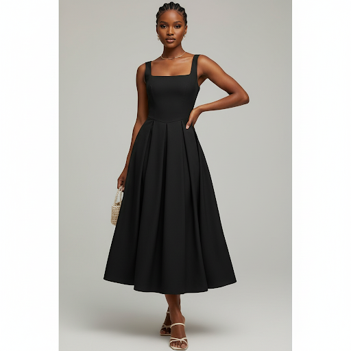 Square Neck Sleeveless Plain Colour Midi Dress