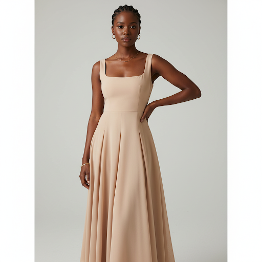 Square Neck Sleeveless Plain Colour Midi Dress