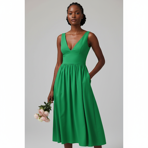 Sexy Sleeveless V-Neck Pleated Midi Dress.