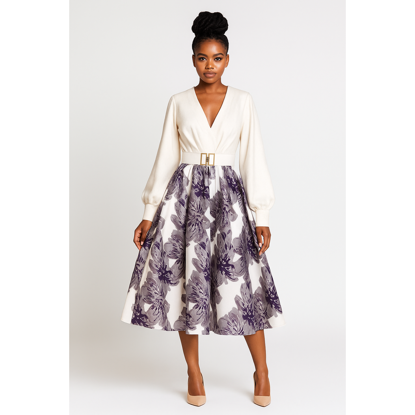 Plus Size Elegant Long Sleeve Embossed Print Patchwork Solid Color Adjustable Waist Dress