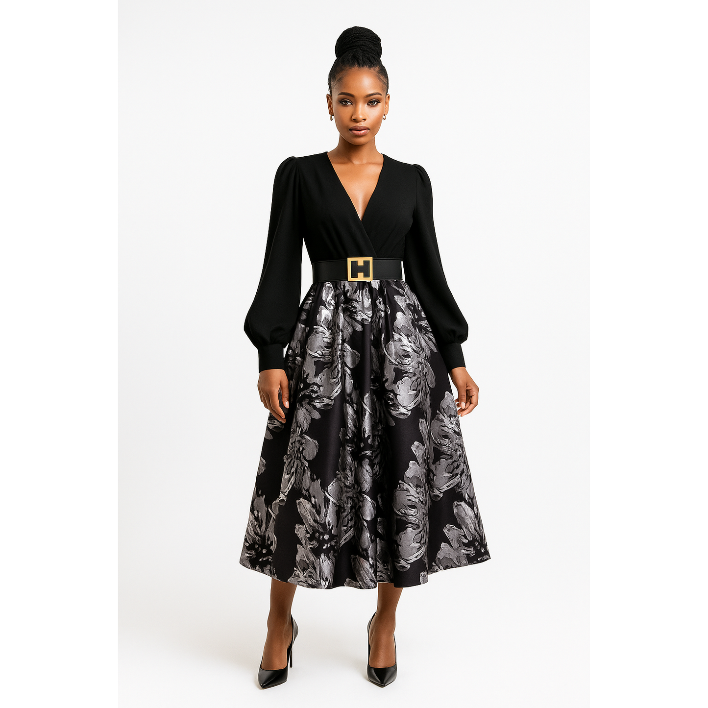 Plus Size Elegant Long Sleeve Embossed Print Patchwork Solid Color Adjustable Waist Dress