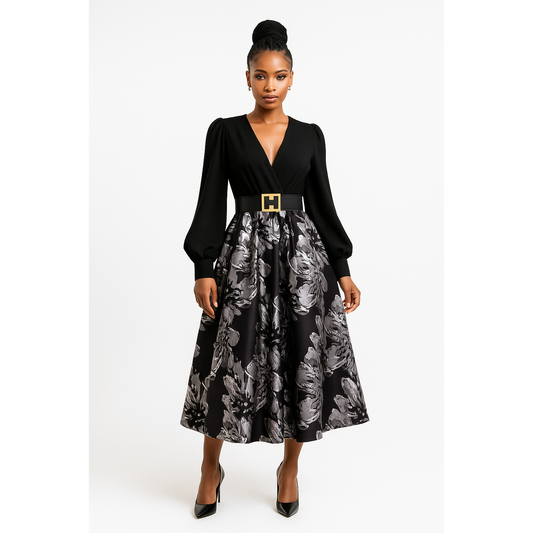 Plus Size Elegant Long Sleeve Embossed Print Patchwork Solid Color Adjustable Waist Dress