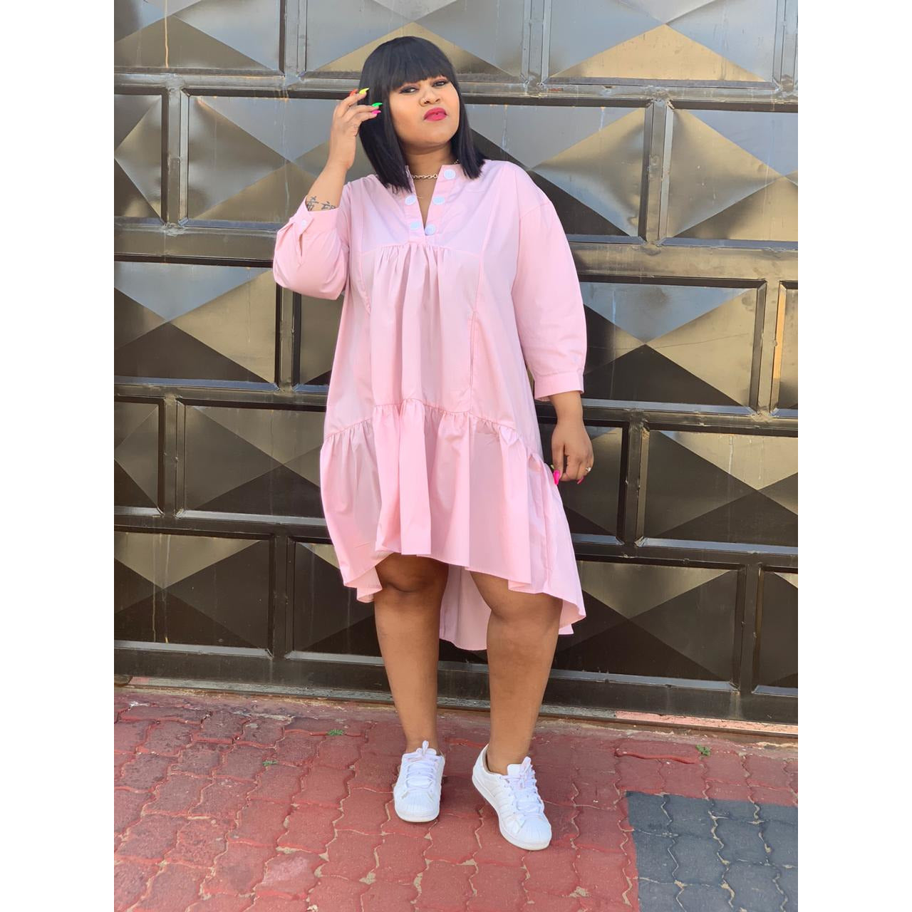 V-Neck Butoon Bubble Dress