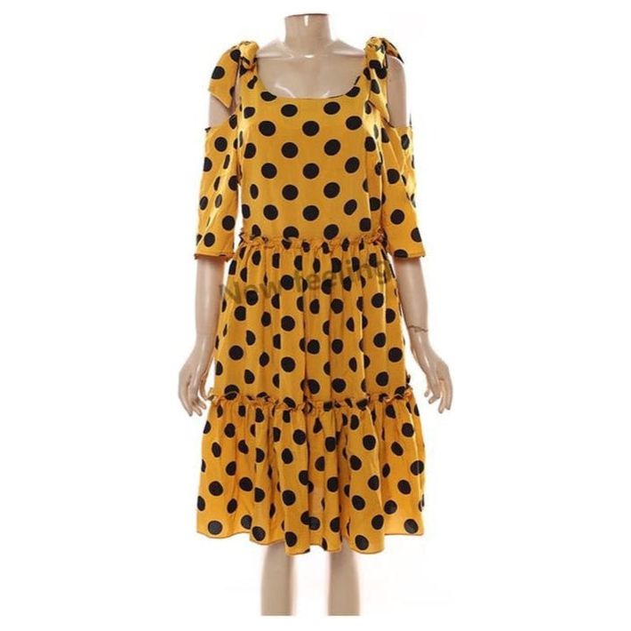 Cut off The Shoulder Polka Dots Dress