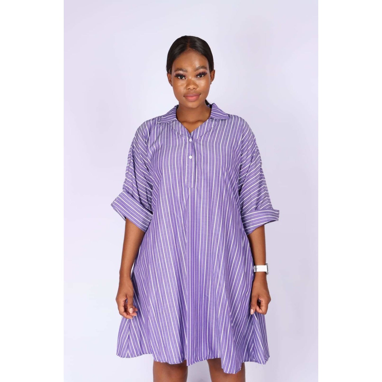 V-Neck Striped Bubble Shirt Dress 