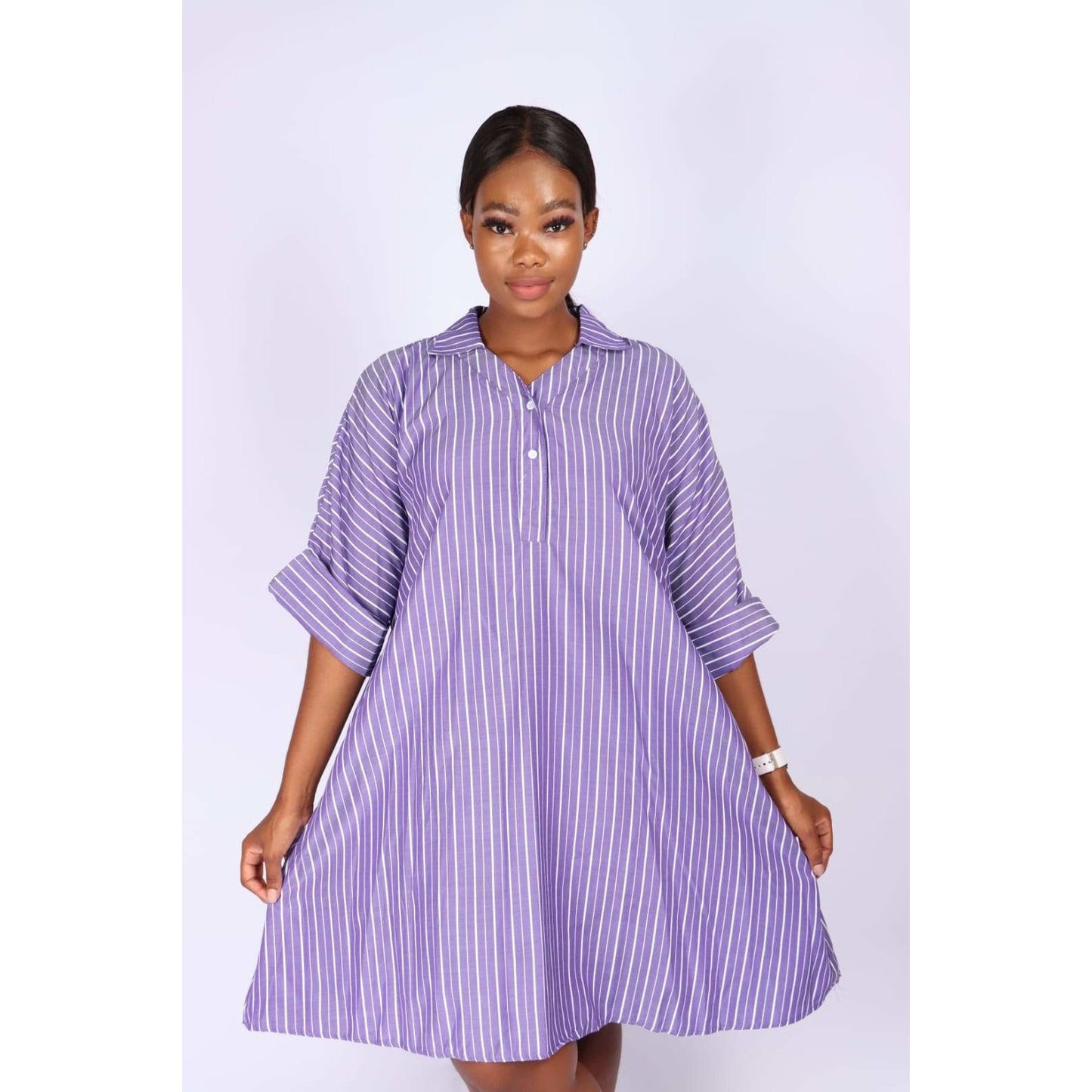 V-Neck Striped Bubble Shirt Dress 